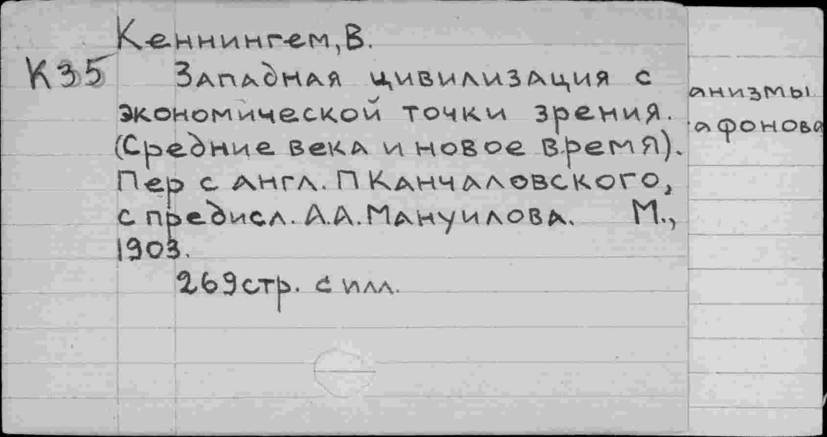 ﻿К-е-н и инг-ем , В.
Западная	с
Экономической точкой зрениЯ-(Средние векл иновое В-региЯ). Пер с англ. П КлнчлловскогО) С преЪисл-АА.ГИаН'у и лов А. И., 1303.
ЗЛЭстЬ. £ \ллл.
СЛ К УЛ^Г*^ Ь>
•ру фОНОЬЙ